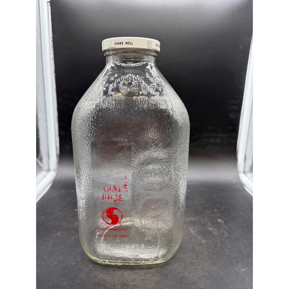 Vintage Safeway Orange Juice Glass Bottle 64 oz Two Quart Stippled Glass Lid